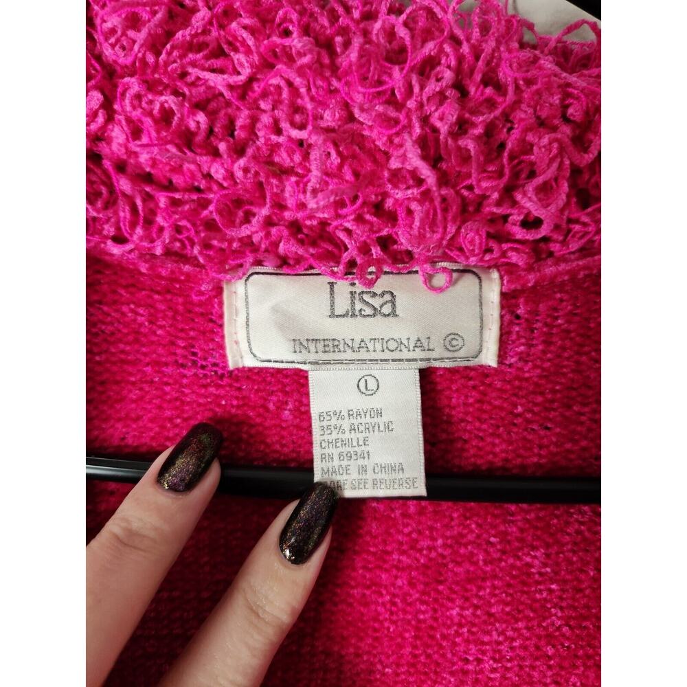 Lisa International Vintage Zip-Up Knit Sweatshirt Size Large Hot Pink Chenille - Picture 2 of 6